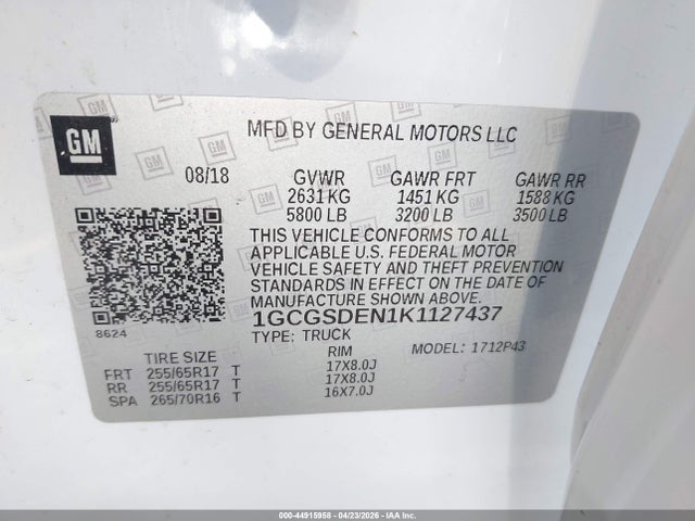 44915958 :رقم المزاد ، 1GCGSDEN1K1127437 vin ، 2019 Chevrolet Colorado Z71 مزاد بيع