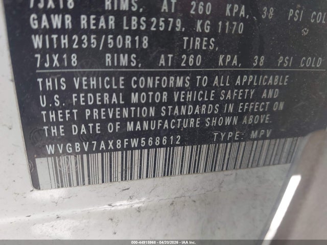 Aukcja sprzedaży 2015 Volkswagen Tiguan Sel, vin: WVGBV7AX8FW568612, numer aukcji: 44915968