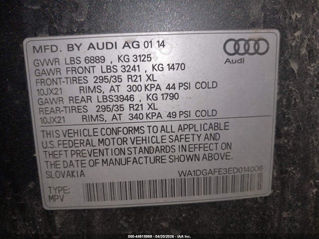 Aukcja sprzedaży 2014 Audi Q7 3.0t S Line Prestige, vin: WA1DGAFE3ED014006, numer aukcji: 44915969