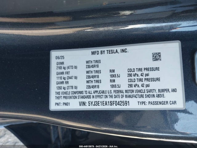 5YJ3E1EA1SF042591 Tesla Model 3 Long Range Rear-wheel Drive/standard Rear-wheel Drive