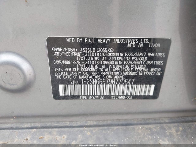 44915980 :رقم المزاد ، JF2SH66679H770647 vin ، 2009 Subaru Forester 2.5xt Limited مزاد بيع