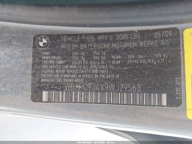 2009 Bmw X3 Xdrive30i მანქანა იყიდება აუქციონზე, vin: WBXPC934X9WJ29563, აუქციონის ნომერი: 44915988
