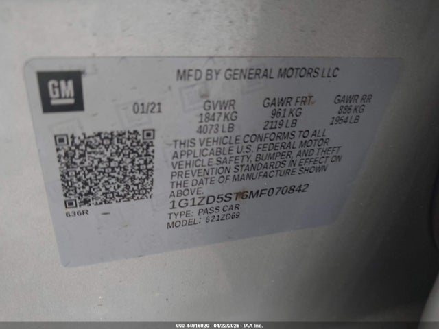 44916020 :رقم المزاد ، 1G1ZD5ST6MF070842 vin ، 2021 Chevrolet Malibu Fwd Lt مزاد بيع