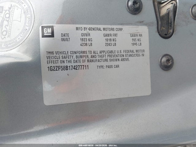 Продажа на аукционе авто 2007 Pontiac G6 Value Leader, vin: 1G2ZF58B174277711, номер лота: 44916030