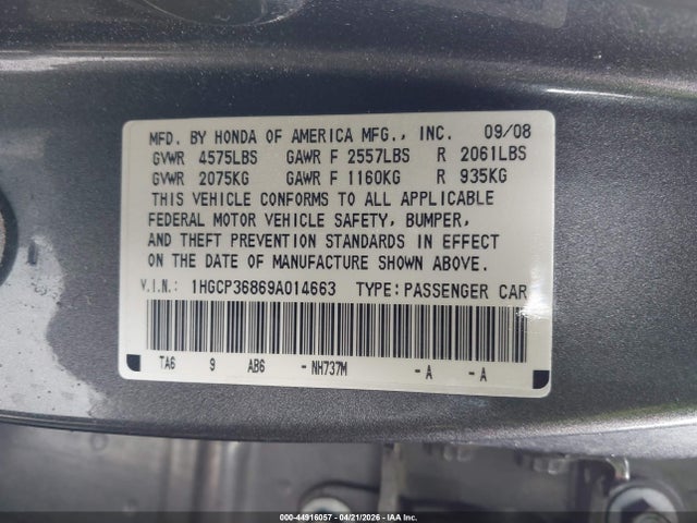 2009 Honda Accord 3.5 Ex-l მანქანა იყიდება აუქციონზე, vin: 1HGCP36869A014663, აუქციონის ნომერი: 44916057