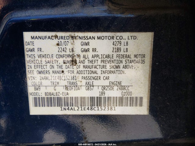 2008 Nissan Altima 2.5 S მანქანა იყიდება აუქციონზე, vin: 1N4AL21E48C152381, აუქციონის ნომერი: 44916072