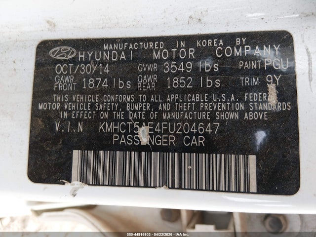 44916103 :رقم المزاد ، KMHCT5AE4FU204647 vin ، 2015 Hyundai Accent Gs مزاد بيع