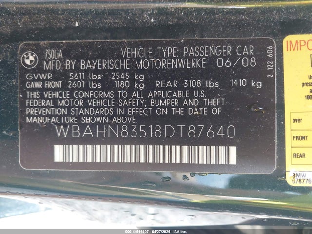 Aukcja sprzedaży 2008 Bmw 750li, vin: WBAHN83518DT87640, numer aukcji: 44916107