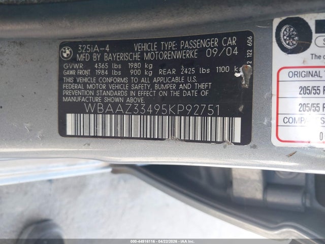 Продажа на аукционе авто 2005 Bmw 325i, vin: WBAAZ33495KP92751, номер лота: 44916116