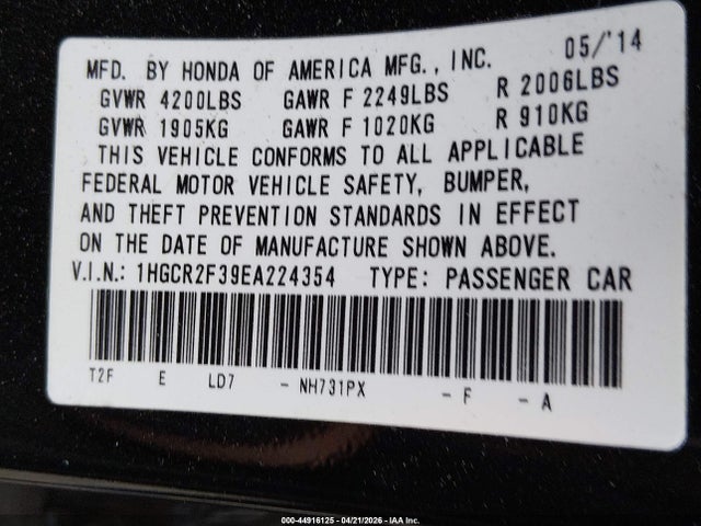 1HGCR2F39EA224354 Honda ACCORD LX
