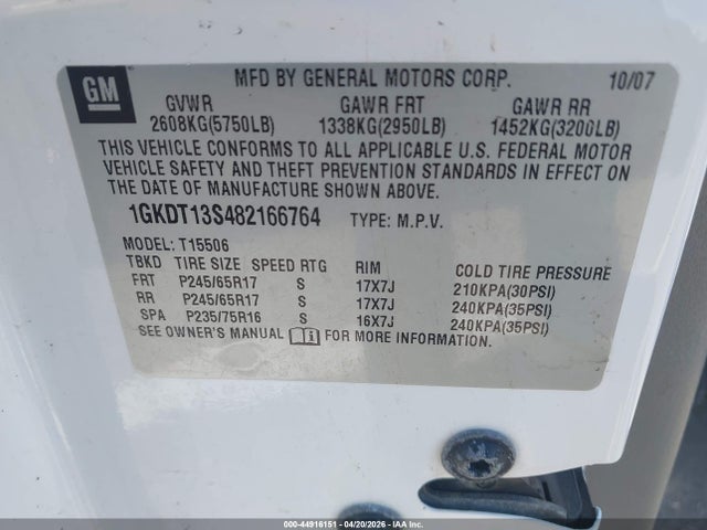 Aukcja sprzedaży 2008 Gmc Envoy Sle, vin: 1GKDT13S482166764, numer aukcji: 44916151
