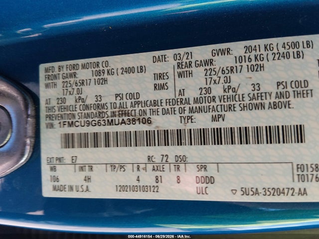 Auction sale of the 2021 Ford Escape Se, vin: 1FMCU9G63MUA38106, lot number: 44916154