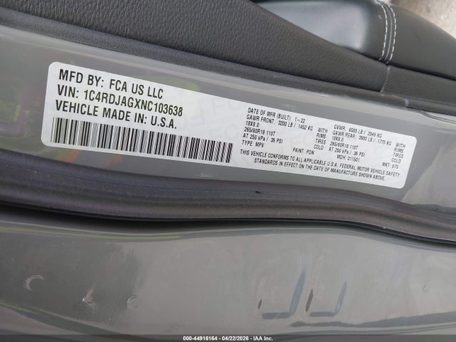 Продажа на аукционе авто 2022 Dodge Durango Sxt Awd, vin: 1C4RDJAGXNC103638, номер лота: 44916164