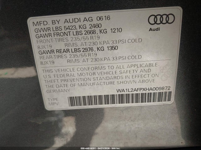 Продажа на аукционе авто 2017 Audi Q5 2.0t Premium, vin: WA1L2AFPXHA009872, номер лота: 44916201