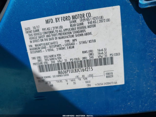 Продажа на аукционе авто 2018 Ford Ecosport Se, vin: MAJ6P1UL8JC164215, номер лота: 44916202