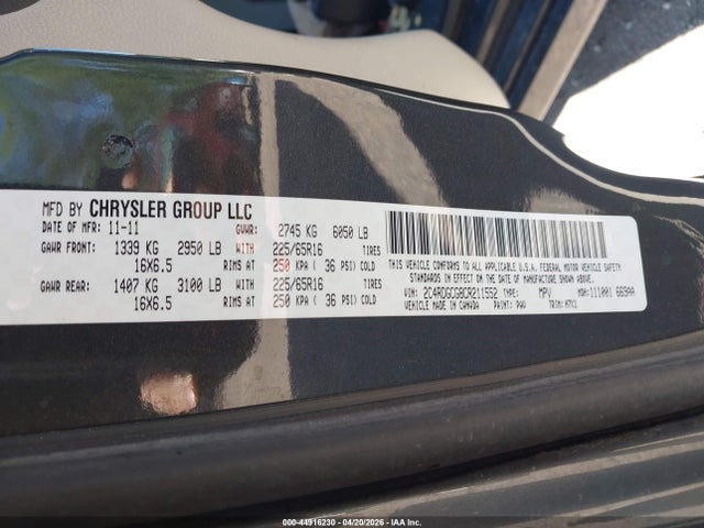 44916230 :رقم المزاد ، 2C4RDGCG8CR211552 vin ، 2012 Dodge Grand Caravan Sxt مزاد بيع