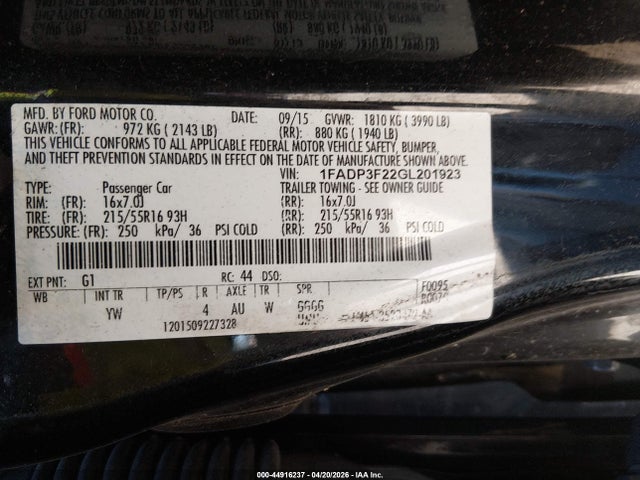 Aukcja sprzedaży 2016 Ford Focus Se, vin: 1FADP3F22GL201923, numer aukcji: 44916237
