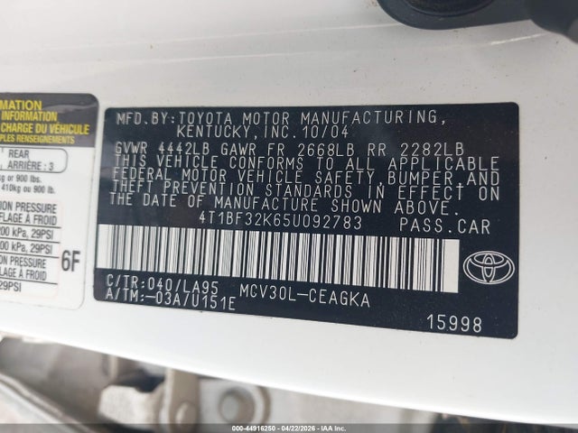 2005 Toyota Camry Xle V6 მანქანა იყიდება აუქციონზე, vin: 4T1BF32K65U092783, აუქციონის ნომერი: 44916250