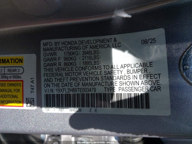 Продажа на аукционе авто 2026 Honda Civic Sport, vin: 19XFL2H89TE003479, номер лота: 44916257