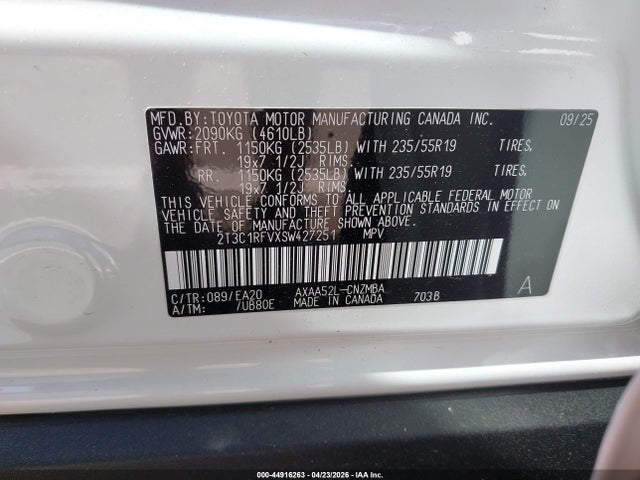 44916263 :رقم المزاد ، 2T3C1RFVXSW427251 vin ، 2025 Toyota Rav4 Xle Premium مزاد بيع