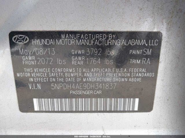 Продажа на аукционе авто 2013 Hyundai Elantra Gls, vin: 5NPDH4AE9DH341837, номер лота: 44916266