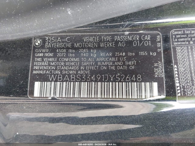 Продажа на аукционе авто 2001 Bmw 325ci, vin: WBABS33491JY52648, номер лота: 44916293