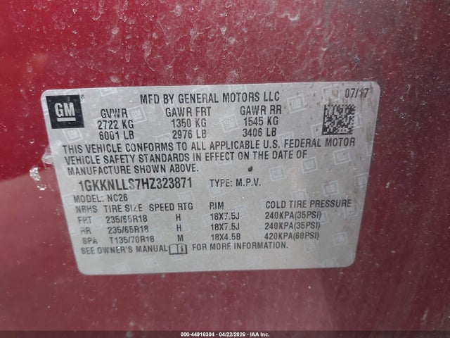 44916304 :رقم المزاد ، 1GKKNLLS7HZ323871 vin ، 2017 Gmc Acadia Sle-2 مزاد بيع