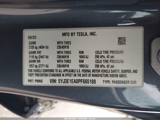 Продаж на аукціоні авто 2023 Tesla Model 3 Rear-wheel Drive, vin: 5YJ3E1EA0PF665188, номер лоту: 44916305
