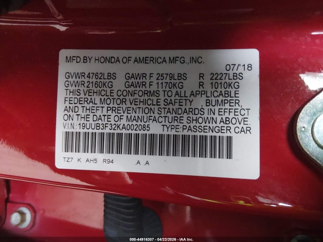 2019 Acura Tlx Standard მანქანა იყიდება აუქციონზე, vin: 19UUB3F32KA002085, აუქციონის ნომერი: 44916307
