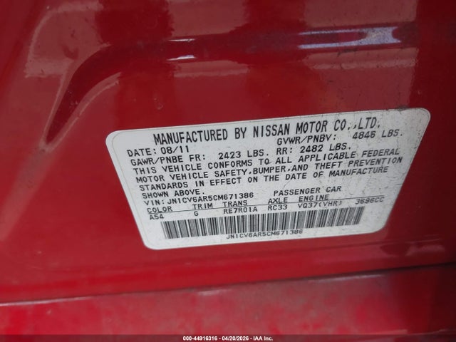 Aukcja sprzedaży 2012 Infiniti G37x, vin: JN1CV6AR5CM671386, numer aukcji: 44916316