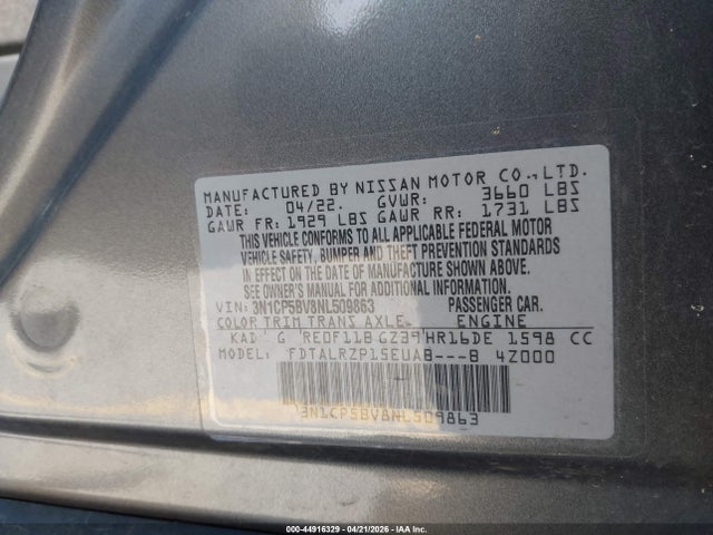 Aukcja sprzedaży 2022 Nissan Kicks S Xtronic Cvt, vin: 3N1CP5BV8NL509863, numer aukcji: 44916329