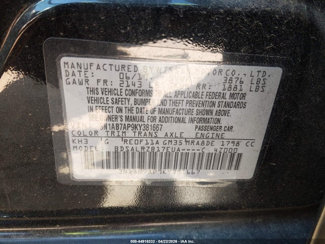 Продажа на аукционе авто 2019 Nissan Sentra Sr, vin: 3N1AB7AP9KY381667, номер лота: 44916332