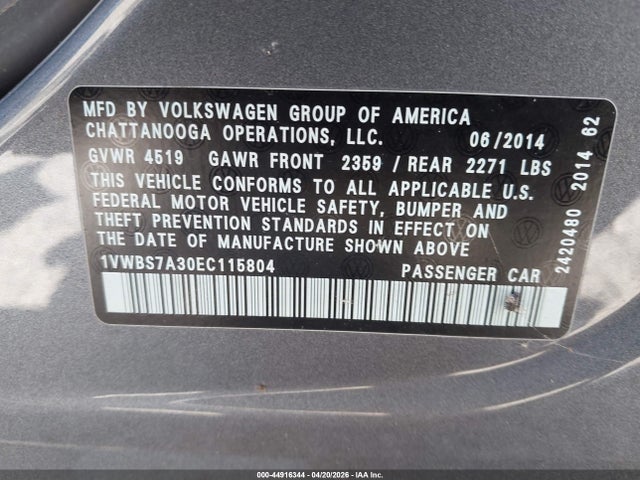 Продажа на аукционе авто 2014 Volkswagen Passat 1.8t Se, vin: 1VWBS7A30EC115804, номер лота: 44916344