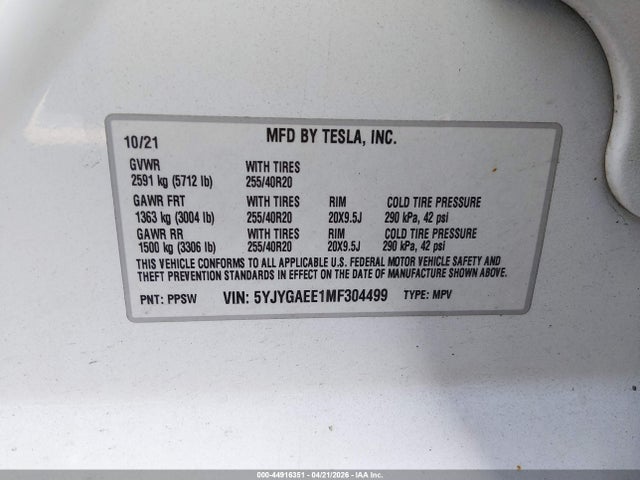 5YJYGAEE1MF304499 Tesla Model Y Long Range Dual Motor All-wheel Drive