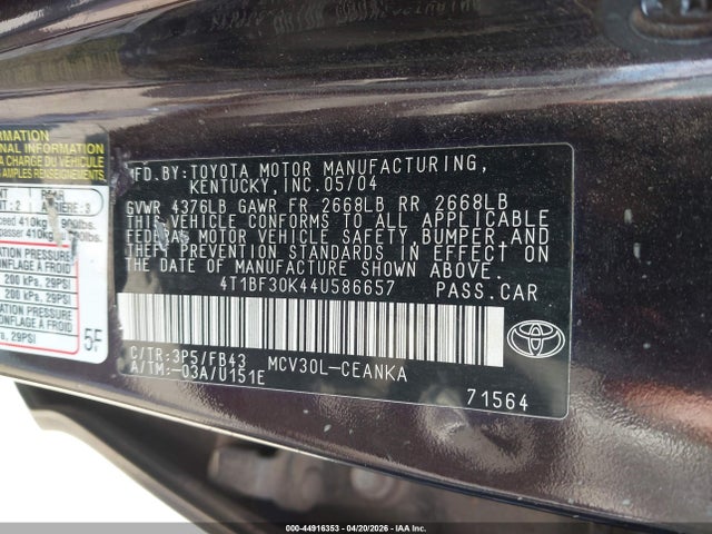 2004 Toyota Camry Le V6 მანქანა იყიდება აუქციონზე, vin: 4T1BF30K44U586657, აუქციონის ნომერი: 44916353