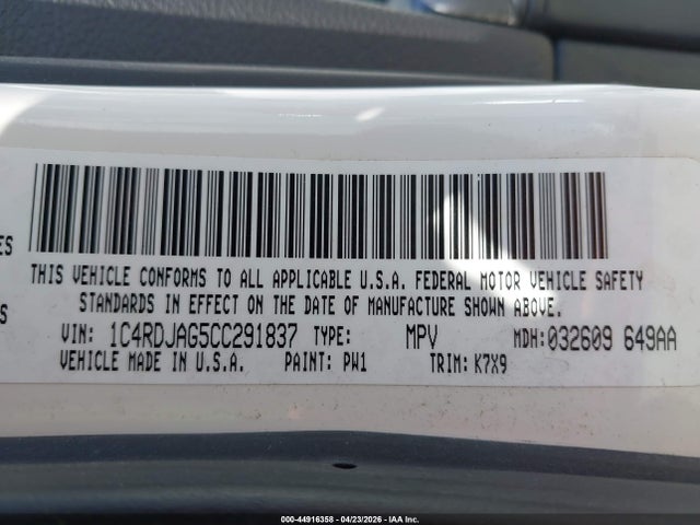 Продаж на аукціоні авто 2012 Dodge Durango Sxt, vin: 1C4RDJAG5CC291837, номер лоту: 44916358