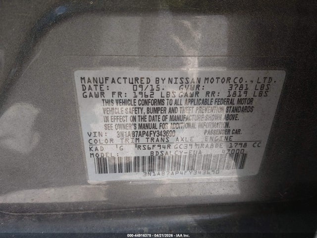Продаж на аукціоні авто 2015 Nissan Sentra S, vin: 3N1AB7AP4FY343690, номер лоту: 44916375