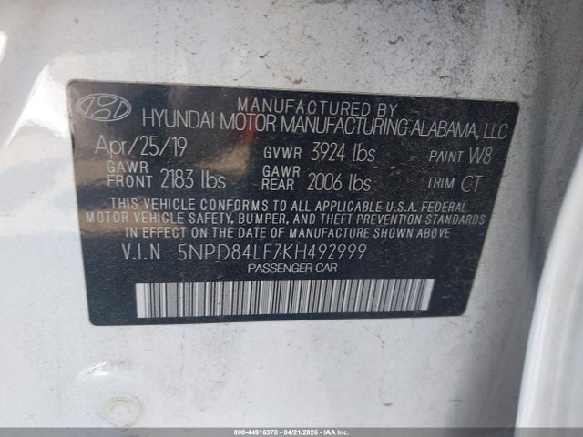 Aukcja sprzedaży 2019 Hyundai Elantra Sel, vin: 5NPD84LF7KH492999, numer aukcji: 44916378