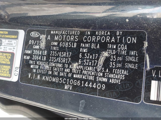 Aukcja sprzedaży 2016 Kia Sedona Lx, vin: KNDMB5C10G6144409, numer aukcji: 44916386