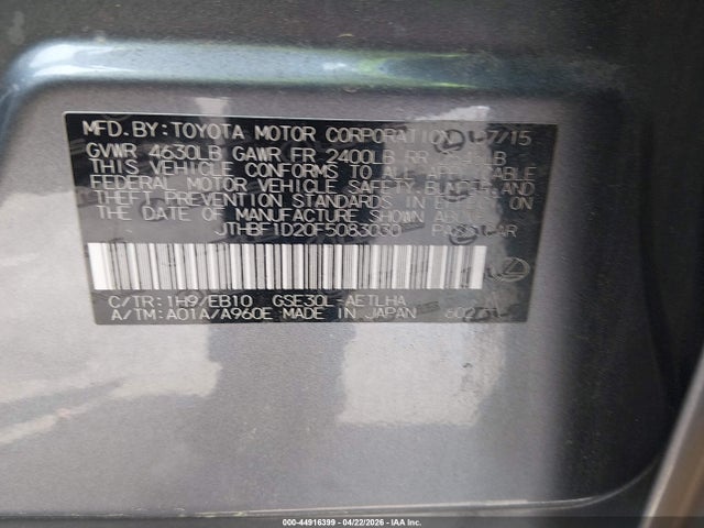 44916399 :رقم المزاد ، JTHBF1D20F5083030 vin ، 2015 Lexus Is 250 مزاد بيع