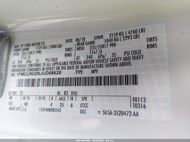Ford ESCAPE SE 2018 1FMCU9GD6JUD08620 Image 9