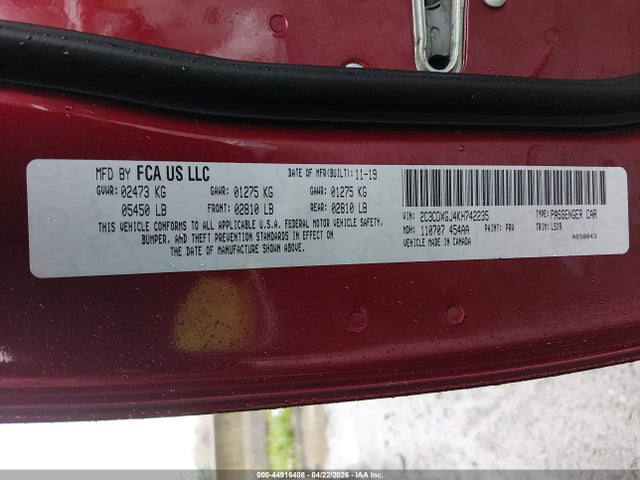 2019 Dodge Charger Scat Pack Rwd მანქანა იყიდება აუქციონზე, vin: 2C3CDXGJ4KH742235, აუქციონის ნომერი: 44916408