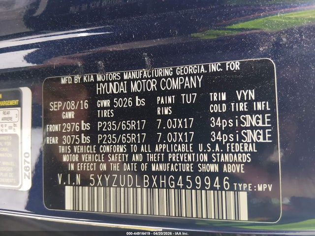 Aukcja sprzedaży 2017 Hyundai Santa Fe Sport 2.4l, vin: 5XYZUDLBXHG459946, numer aukcji: 44916419