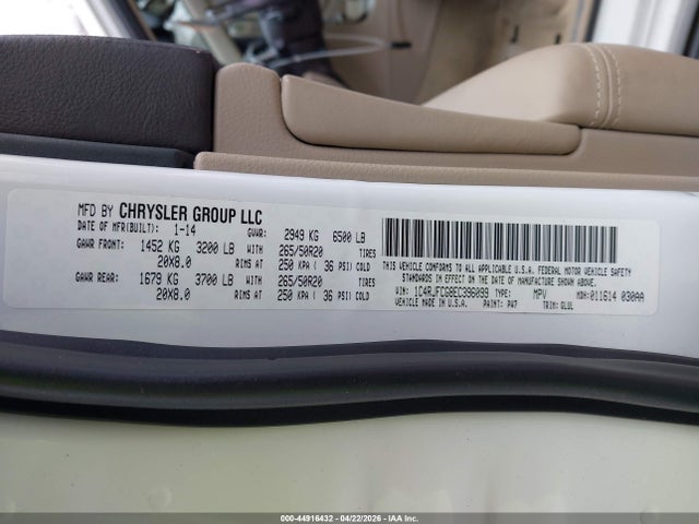 2014 Jeep Grand Cherokee Overland მანქანა იყიდება აუქციონზე, vin: 1C4RJFCG8EC396099, აუქციონის ნომერი: 44916432