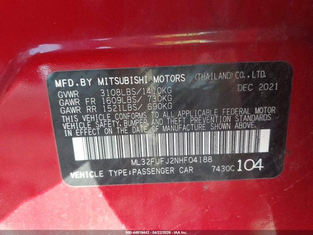 Aukcja sprzedaży 2022 Mitsubishi Mirage G4 Black Edition/es/le, vin: ML32FUFJ2NHF04188, numer aukcji: 44916442