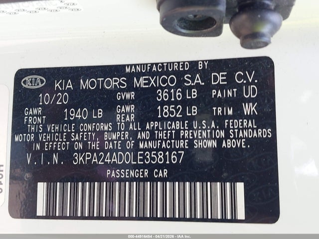Продаж на аукціоні авто 2020 Kia Rio Lx, vin: 3KPA24AD0LE358167, номер лоту: 44916454