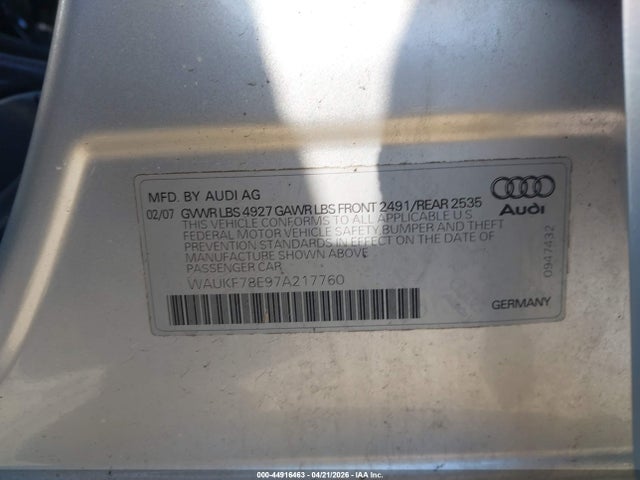 44916463 :رقم المزاد ، WAUKF78E97A217760 vin ، 2007 Audi A4 2.0t Avant مزاد بيع