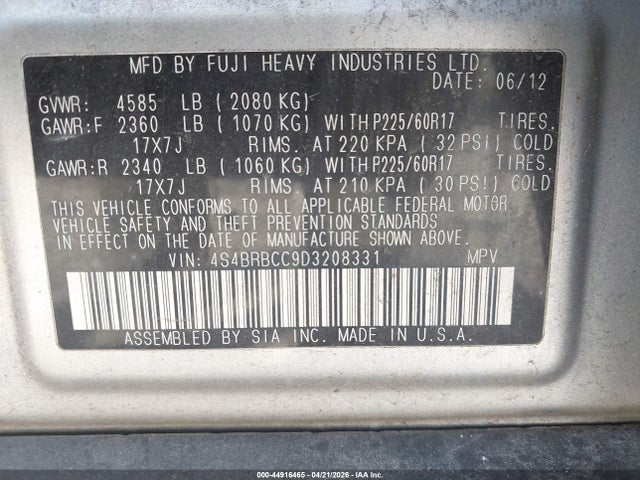 Aukcja sprzedaży 2013 Subaru Outback 2.5i Premium, vin: 4S4BRBCC9D3208331, numer aukcji: 44916465