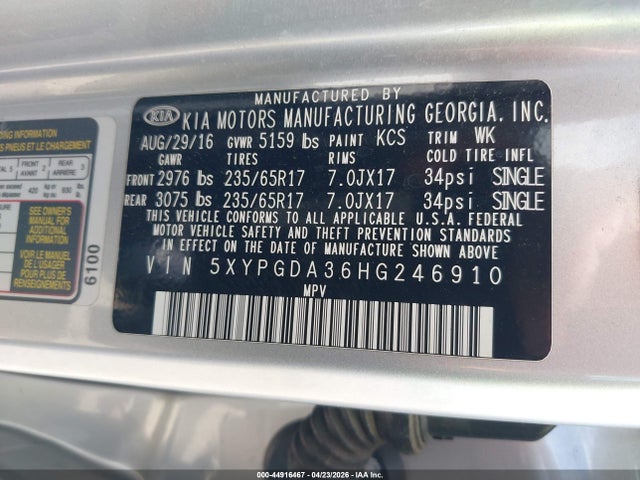 Aukcja sprzedaży 2017 Kia Sorento 2.4l Lx, vin: 5XYPGDA36HG246910, numer aukcji: 44916467