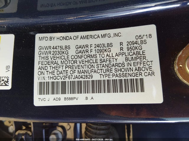 44916483 :رقم المزاد ، 1HGCV2F67JA042829 vin ، 2018 Honda Accord Ex-l 2.0t مزاد بيع